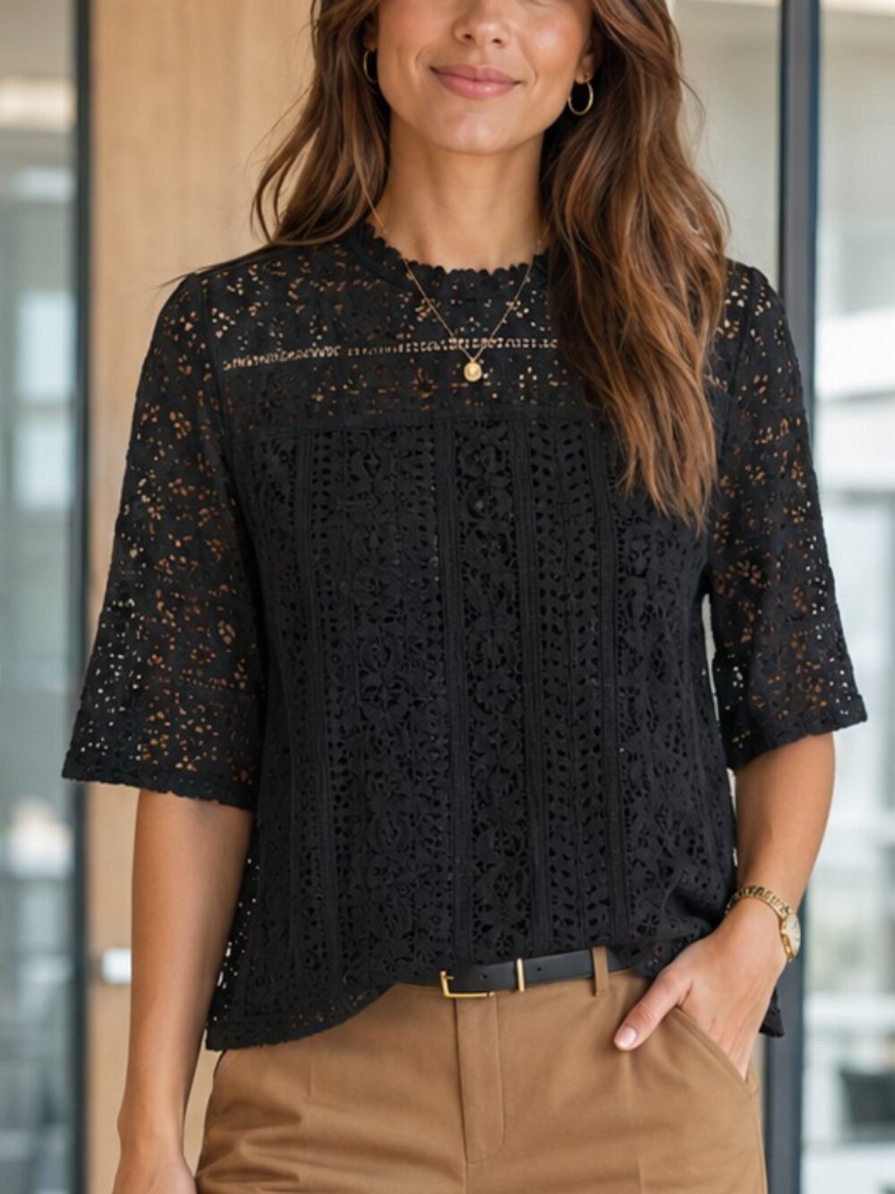 LOFT Black Mixed Lace Mock Neck Blouse Short Sleeve Size Small